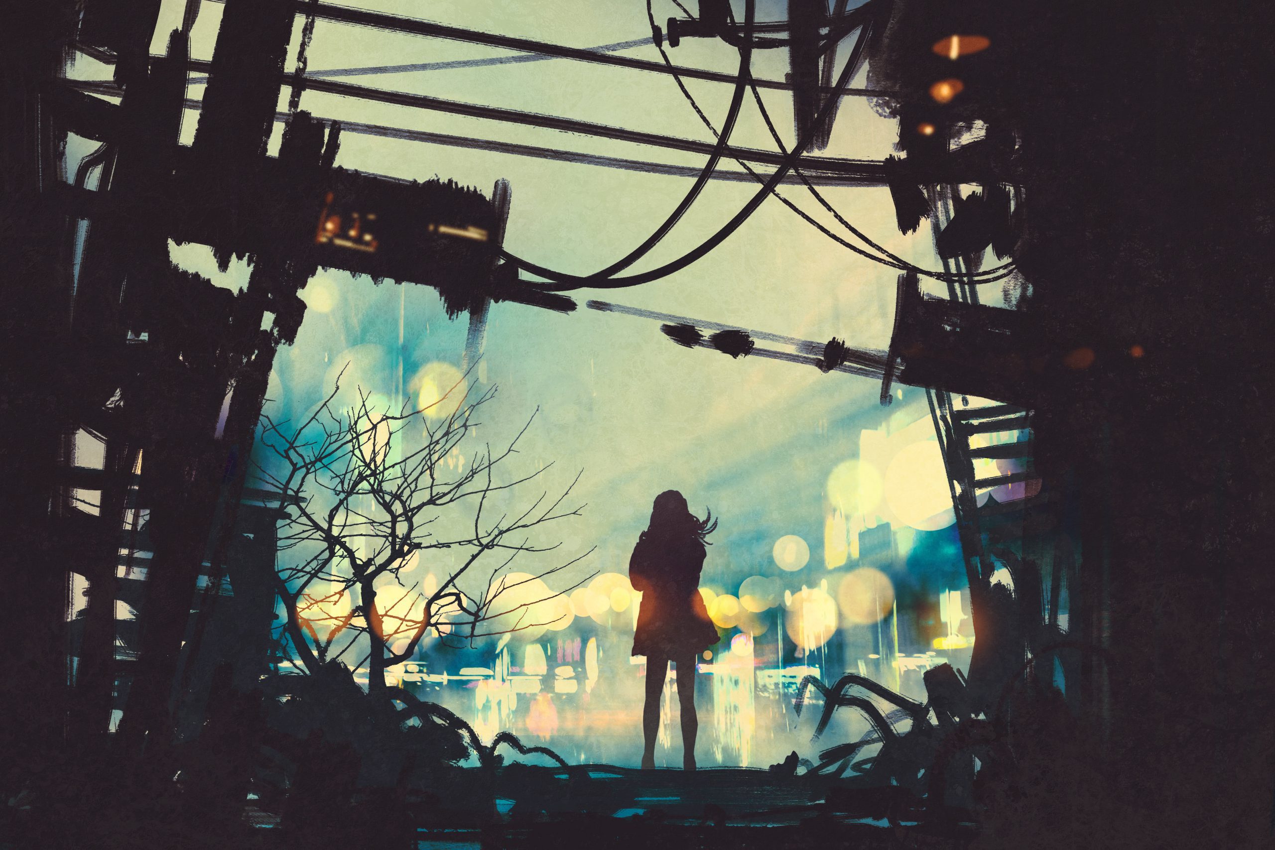woman standing among old ruins looking outside,illustration painting